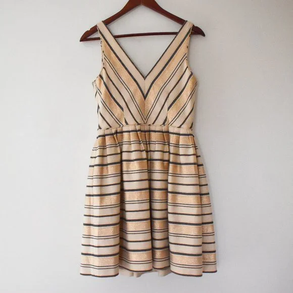 j crew gold stripe dress J Crew Metallic Gold Stripe Fit & Flare Lined Dress Women's Size 12